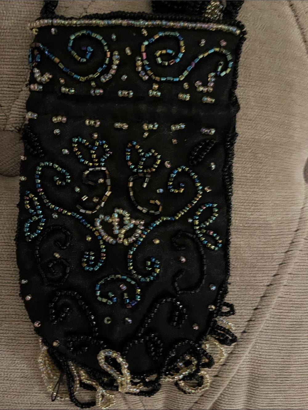 Small Black Beaded Evening Bag with Iridescent colors and black satin interior
